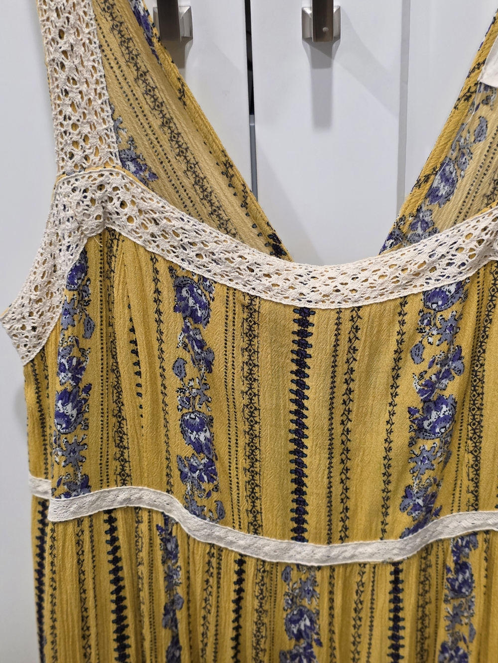 easel Mustard Yellow Maxi Dress with Purple Floral Print and Crochet Trim